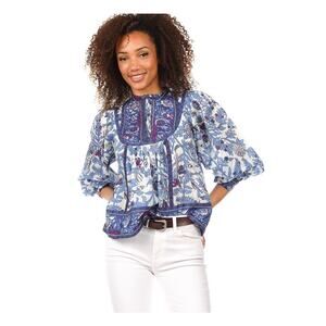 Antik Batik Salma Blue White Quilted Yoke Floral Print Blouse Size XS